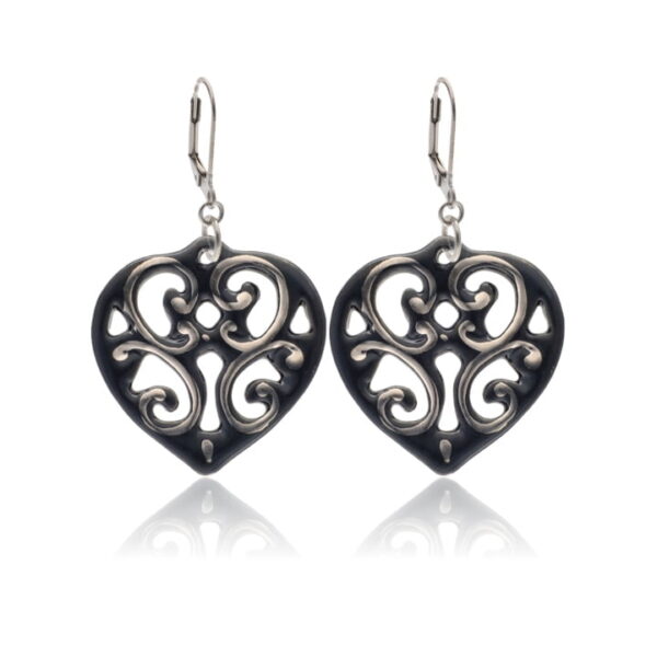 Aero Fekete&Platina Szív Finomporcelán Fülbevaló