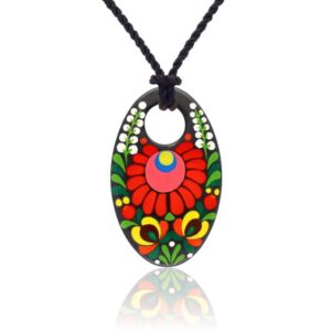 Tradicionális Fekete Matyó Finomporcelán Nyíló Labdarózsa medál